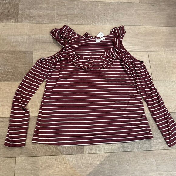 August Mist Burgundy White Striped Cold Shoulder Ruffle Knit Top L - Picture 1 of 9